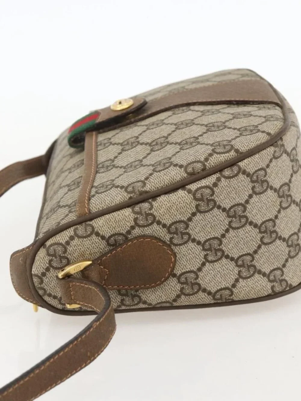 GUCCI GG Supreme Web Sherry Line Shoulder Bag PVC Beige Gold Auth 175956